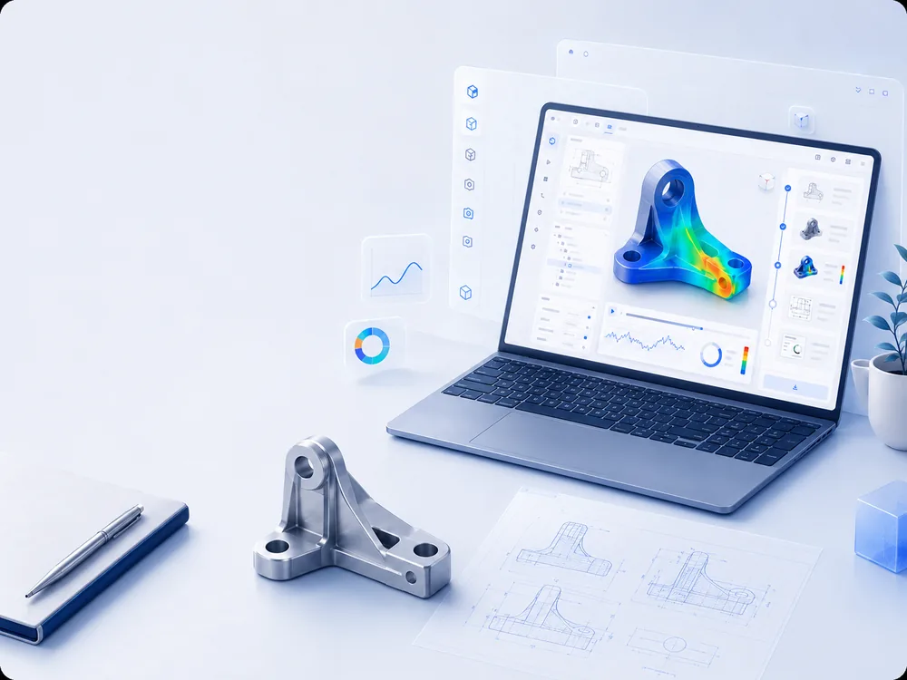 Engineering workspace with a laptop showing simulation results