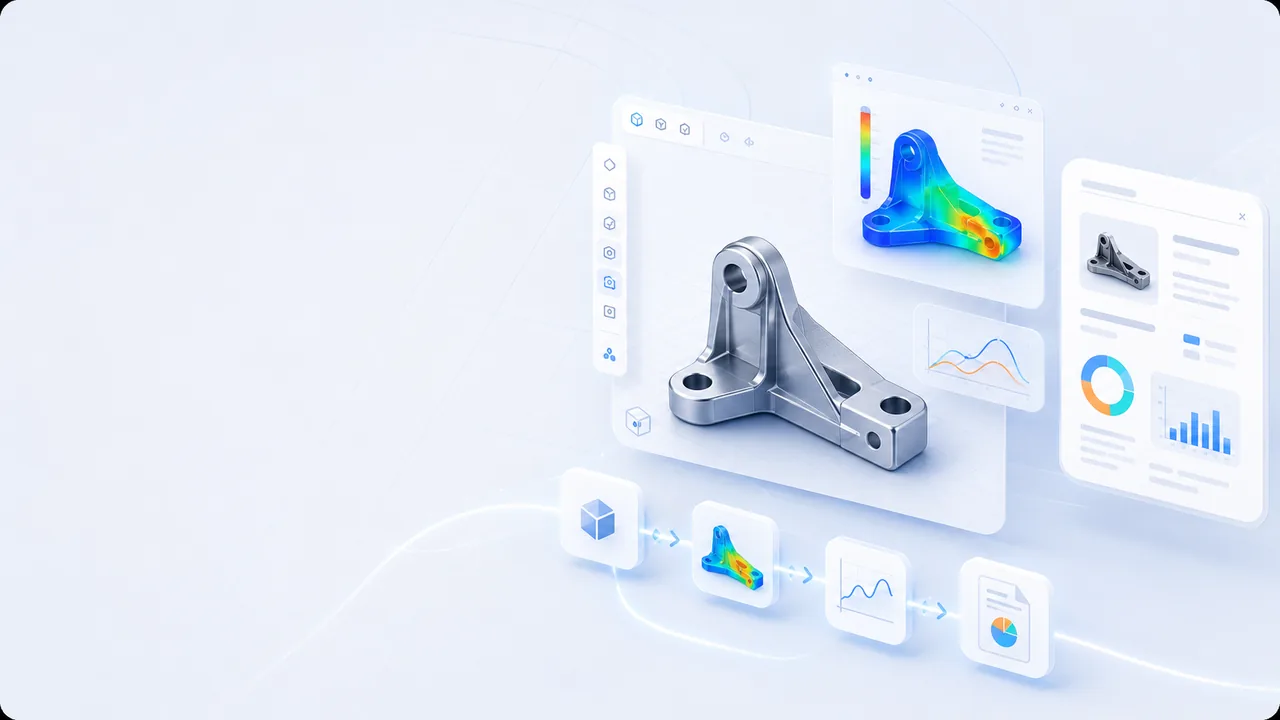 Concept of the Simvora Engineering OS workspace: a CAD part with simulation results connected through a workflow