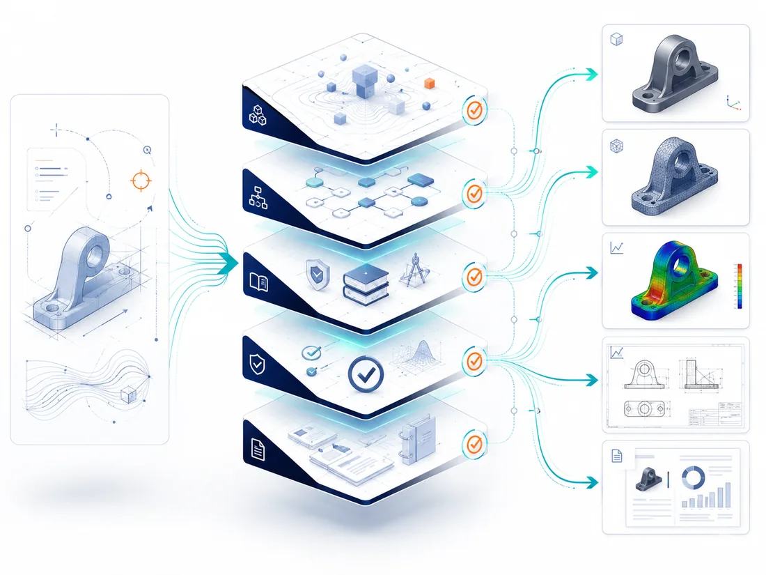 Skill Pack knowledge layers feeding into engineering outputs: model, mesh, simulation, drawing and report