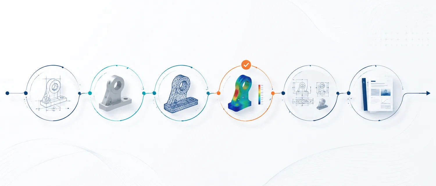 Engineering workflow from intent to CAD model, mesh, simulation, drawing and report